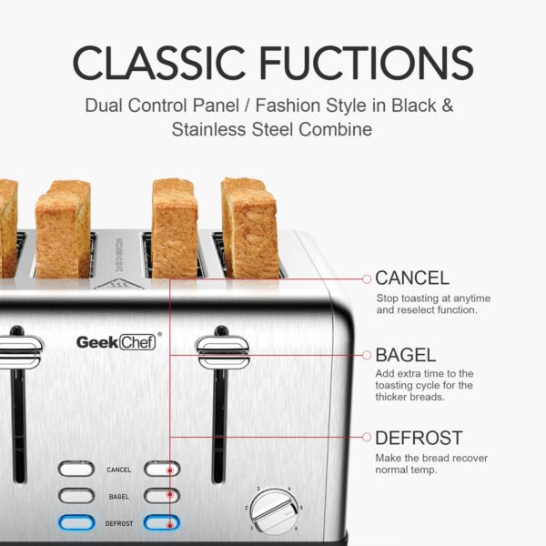 Prohibit Shelves In The Amazon. Toaster 4 Slice, Geek Chef Stainless Steel Extra-Wide Slot Toaster With Dual Control Panels Of Bagel,Defrost,Cancel Function,Ban Amazon - Image 8