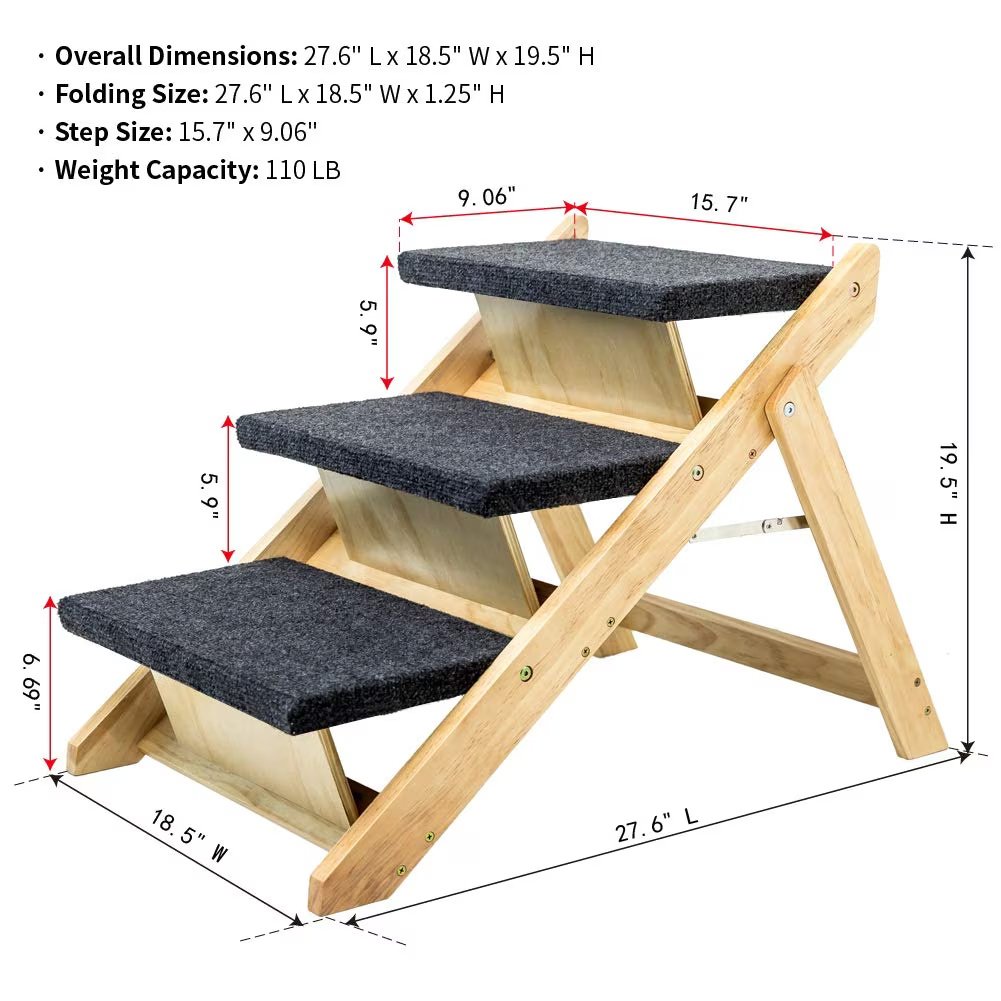 Wood Pet Stairs Pet Steps Foldable 3 Levels Dog Stairs Ramp Perfect For Beds And Cars Portable Dog Cat Ladder Up To 110 Pounds - Image 2