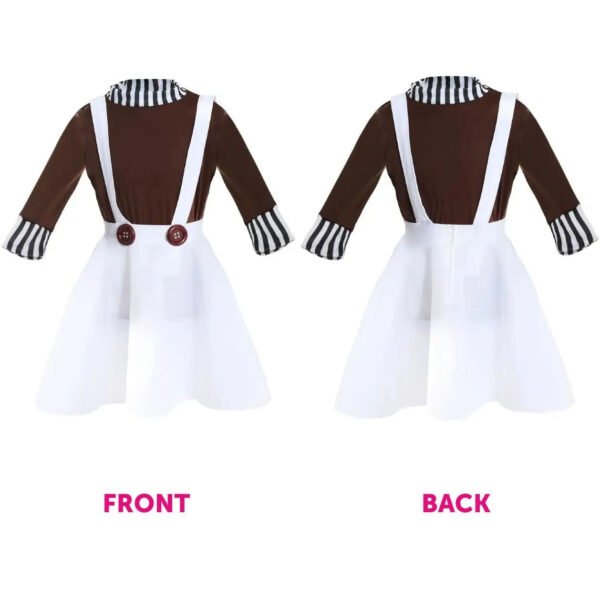 Girls Chocolate Factory Worker Costume - Brown Top, White Skirt, Green Wig, Gloves &  Face Paint - World Book Day Fancy Dress - Image 4