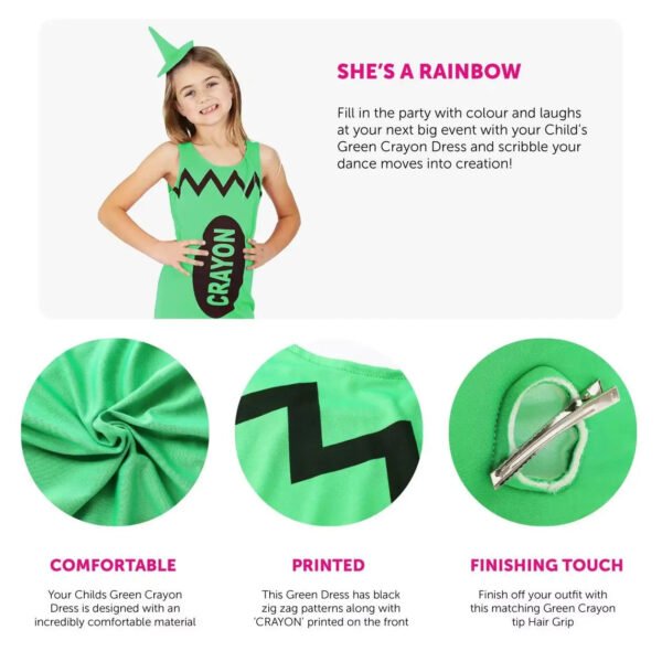 Childs Green Crayon Fancy Dress Costume - School Book Week/World Book Day Crayon Dress - Kids Novelty Fancy Dress Costume - Image 2