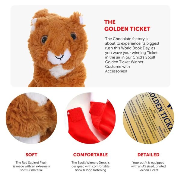 Girls Spoilt Golden Ticket Winner Costume - Red Dress, White Collar, Golden Ticket & Plush Squirrel - World Book Day Outfit - Image 2