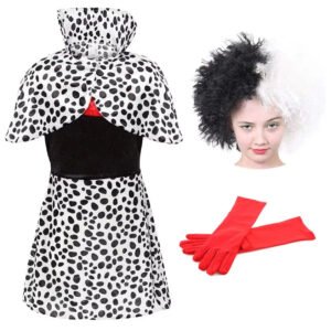 Girls Evil Dog Lady Costume - Dalmatian Print Dress & Wig - Perfect for Halloween & World Book Day Fancy Dress