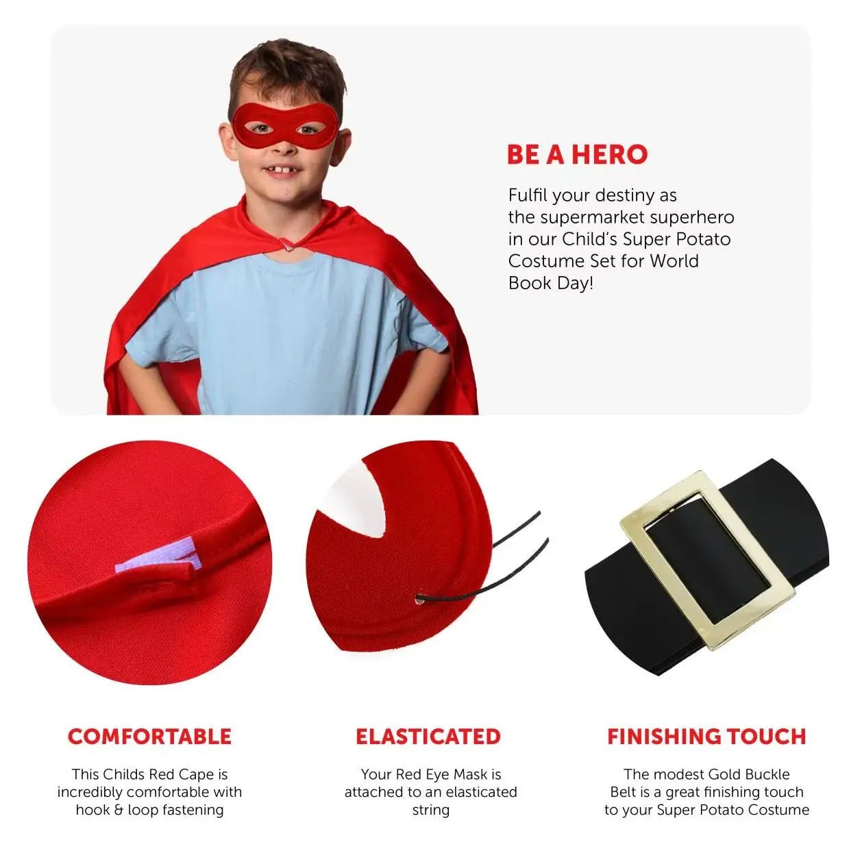 Kids Potato Superhero Costume - Red Cape, Eye Mask, Gloves & Black Belt - Childs World Book Day / Book Week Fancy Dress Costume - Image 2