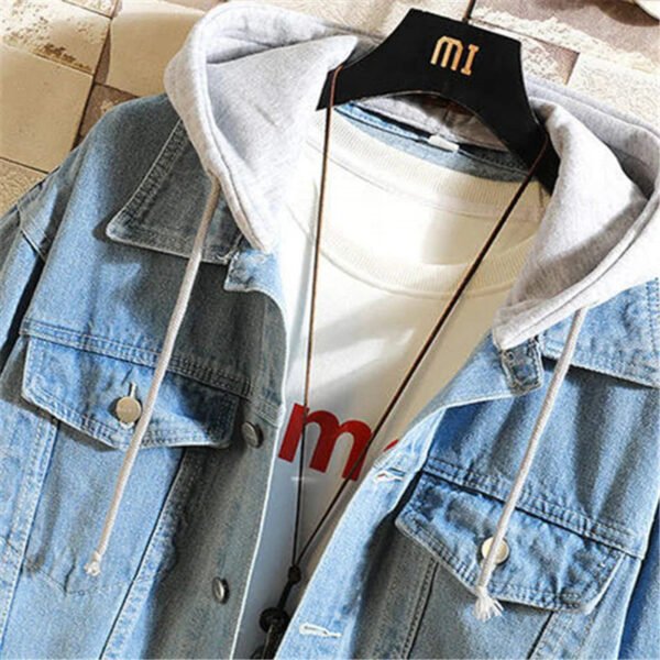 Denim Jacket Men Hooded Casual Men Jean Jackets Streetwear Solid Color Turn Down Collar Denim Coats Men Jacktes Hat Detachable - Image 5