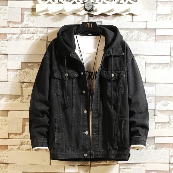 Denim Jacket Men Hooded Casual Men Jean Jackets Streetwear Solid Color Turn Down Collar Denim Coats Men Jacktes Hat Detachable - Image 9