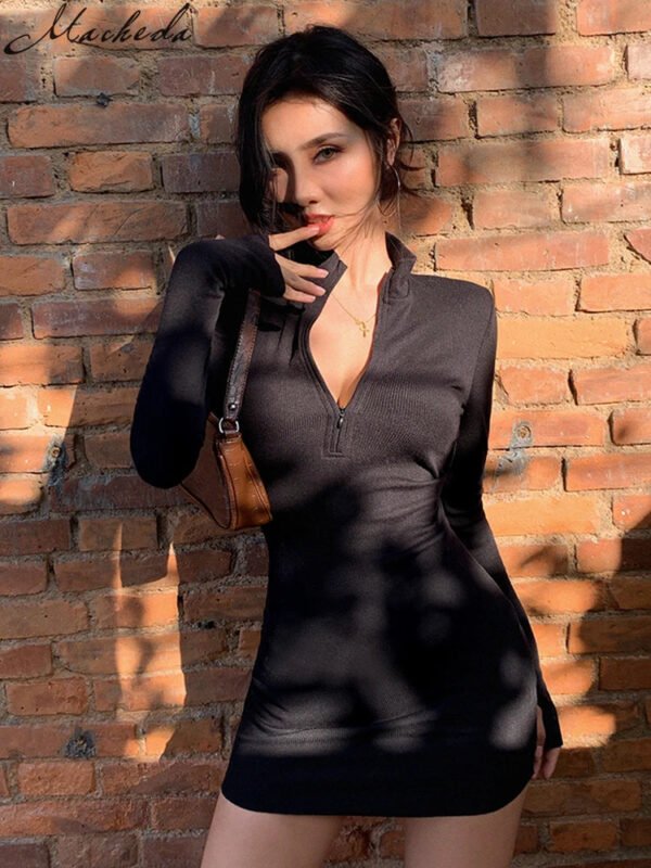 Macheda Elegant Autumn Winter Black Bodycon Dress Women 2022 Turtleneck Slim Ribbed Knitted Long Sleeve Mini Dress Vestido - Image 4