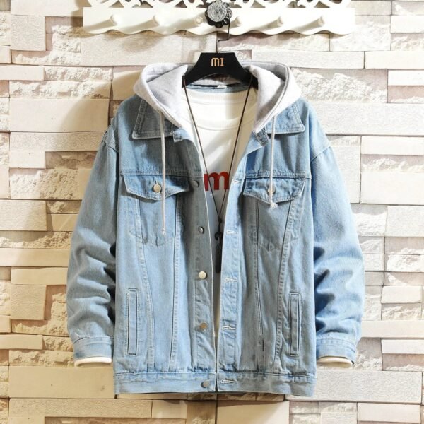 Denim Jacket Men Hooded Casual Men Jean Jackets Streetwear Solid Color Turn Down Collar Denim Coats Men Jacktes Hat Detachable - Image 8