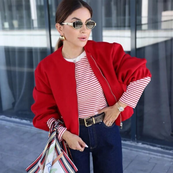 TRAF Red Zipper Bomber Jackets for Women Soft Cropped Jackets Woman 2024 Long Sleeve Woman's Sports Jacket New in Outerwears - Image 2