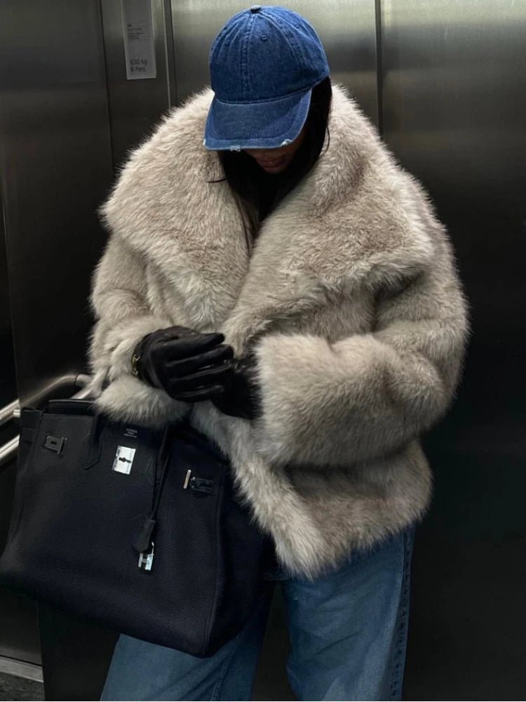 ZBZA Women's Faux Fur Cropped Jacket Coat Autumn Winter New Lapel Long Sleeve Thick Warm Soft Jacket Female Chic Warm Outerwear - Image 4