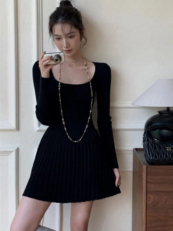 Korean Fashion Minimalist Solid Square neck Knitted Mini Dress Spring New Hotsweet Long Sleeve Sweater Short Dress Women - Image 5
