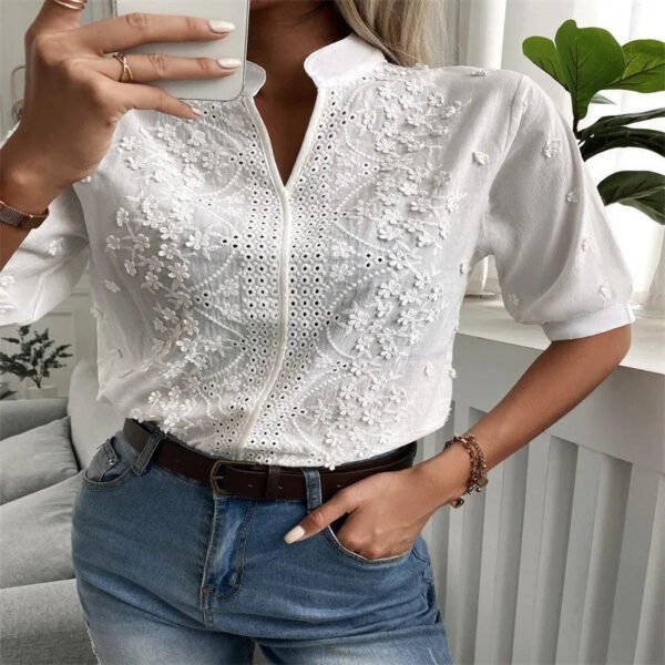 2024 Summer Elegant Short Sleeve White Shirt Vintage Tops Crochet Hollow Blouses For Women Fashion 2024 Cotton Female Clothing - Image 4