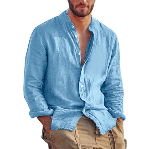 New Men's Solid Color Long Sleeve Shirt Linen Cotton Shirts Trend Plus-size Stand Collar Casual Lightweight Beach Tops - Image 10