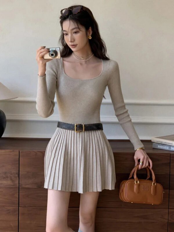 Korean Fashion Minimalist Solid Square neck Knitted Mini Dress Spring New Hotsweet Long Sleeve Sweater Short Dress Women - Image 3