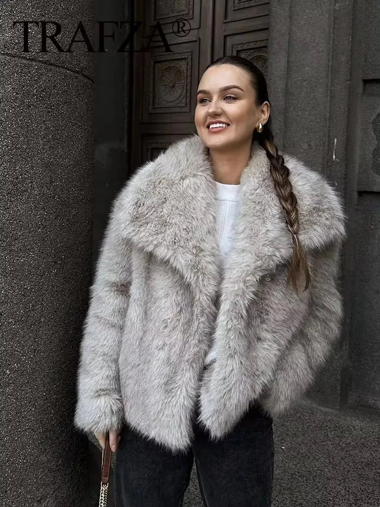 TRAFZA Women Fashion Faux Fur Jacket Vintage Turn-Down Collar Long Sleeve Coat Autumn Winter Woman Elegant Streetwear - Image 4