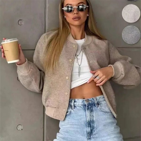 TRAF 2024 Women Jacket Cropped Bomber Jackets For Women Beige Black Tweed Jacket Woman Fashion Long Sleeve New In Short Coats - Image 2