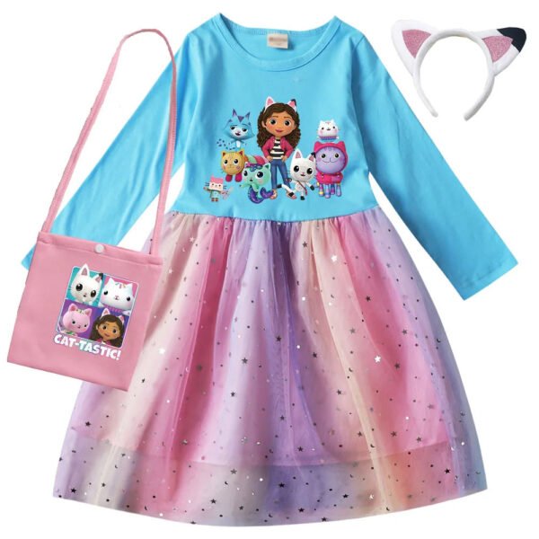 Autumn Girls Cartoon Gabbys Cats Dresses Kids Gabby's Dollhouse Clothes Cosplay Costume Children Casual Girl Dress Bag Headband - Image 8