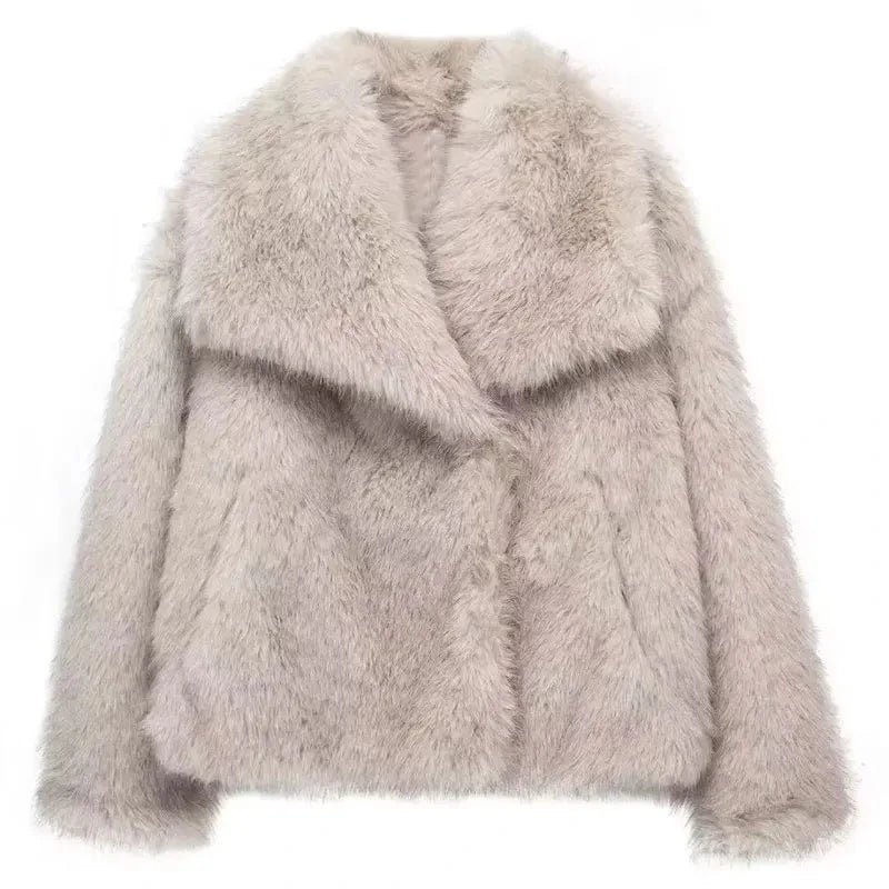 TRAFZA Women Fashion Faux Fur Jacket Vintage Turn-Down Collar Long Sleeve Coat Autumn Winter Woman Elegant Streetwear - Image 8