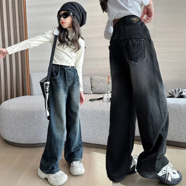 2024 New High Quality Girls Jeans Vintage Denim Wide Leg Pants Kids Clothing Children Casual Solid Trousers For Teenager Clothes - Image 2