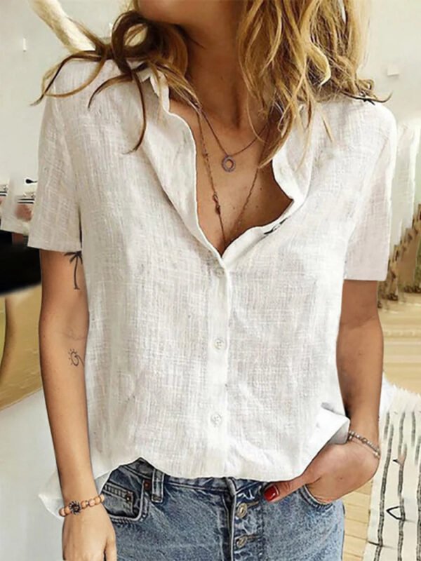 Casual Summer Short Sleeve Solid Loose Shirts Women Elegant Vintage Harajuku Cotton and Linen Blouses and Tops Oversized Tunic - Image 2