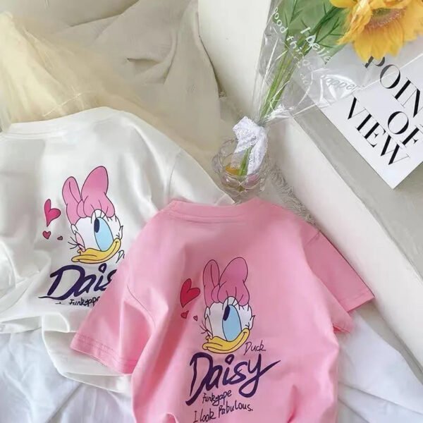 Girls Pink Tshirt Daisy Print Short Sleeve Tops Casual Fashion Versatile Tees Children New Round Neck Thin Loose Base Shirt - Image 2