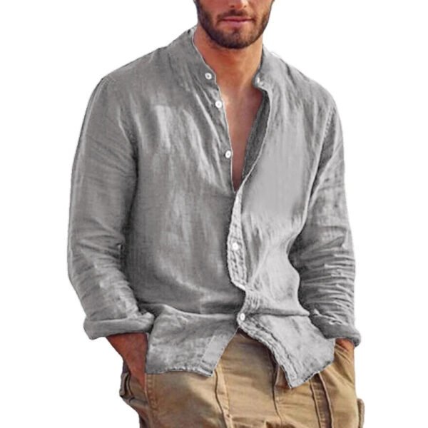 New Men's Solid Color Long Sleeve Shirt Linen Cotton Shirts Trend Plus-size Stand Collar Casual Lightweight Beach Tops - Image 5