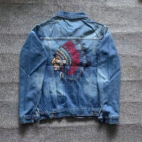 Indian Chief Embroidery Denim Jackets Men, Retro Blue Streetwear, Ripped Slim Coat, Casual Motorcycle Outwear, Spring and Autumn - Image 6