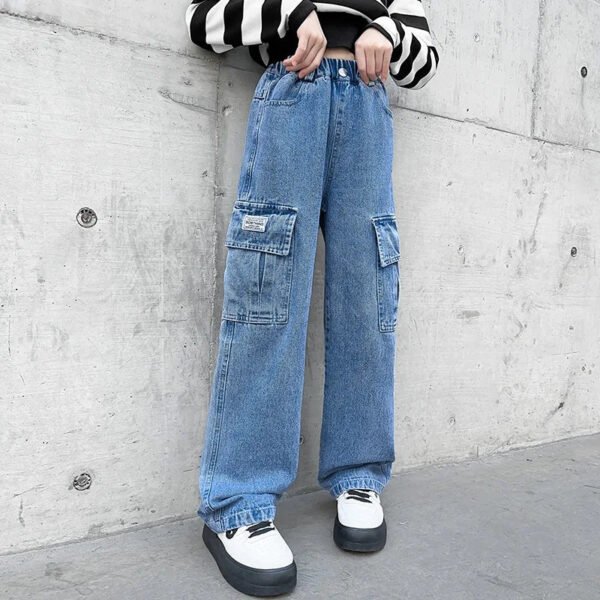 Teenage Girls Wide Leg Cargo Jeans 2024 Autumn Fashion Kids Casual Denim Pants School Young Children Straight Baggy Trousers 15Y - Image 6
