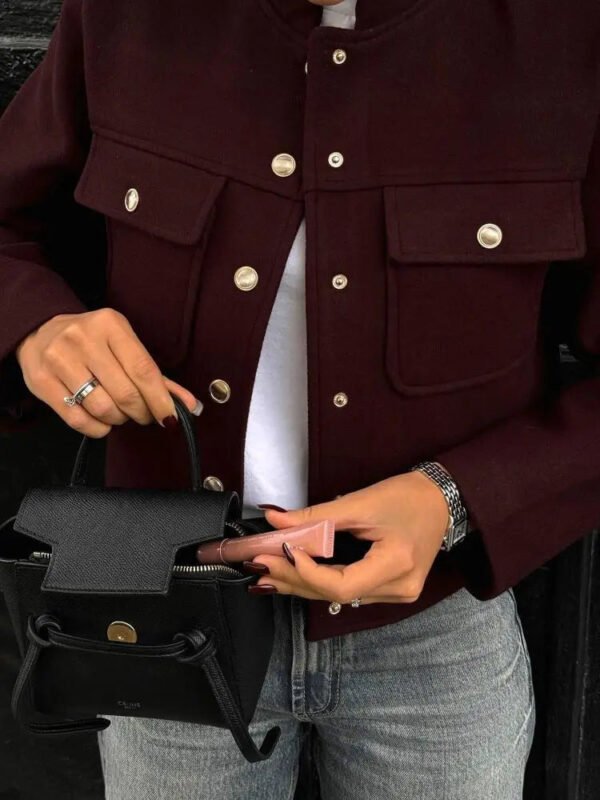 Elegant Wine Red Stand Collar Wool Blend Coat Female Fashion Single Breasted Pocket Short Jackets Lady Office Commute Streetwear - Image 5