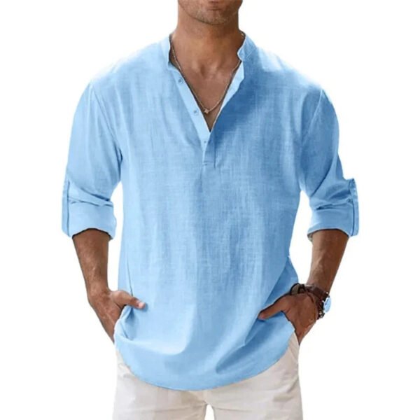 Streetwear Men Lightweight Shirts Long Sleeve Henley Cotton Linen Shirts for Men Beach Hawaiian Shirts Breathable Collar Tshirts - Image 8