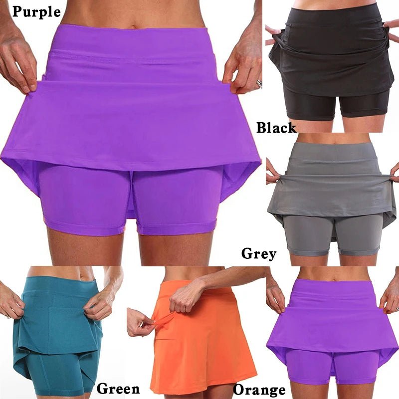 Women's Double Layers Shorts Skirt Pocket A-Line Yoga Short Pants Solid Sport Fitness Fake Two Piece Skirt Shorts Платье Женско