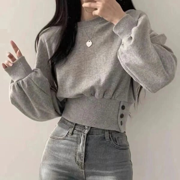 Autumn Women Solid O-Neck Slim Crop Top Lantern Sleeve With Button  Sweat Casual Hip-Hop Sporty Pullover Sweet Chic Street Wear - Image 3