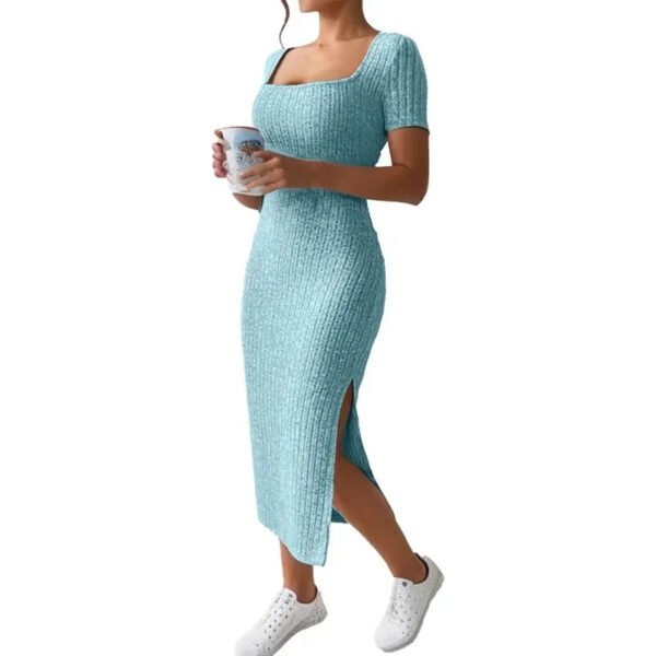Summer Square Neck, Hip-Hugging Mid-Length Skirt, Short-Sleeved, Versatile Knitted Slit Dress - Image 3