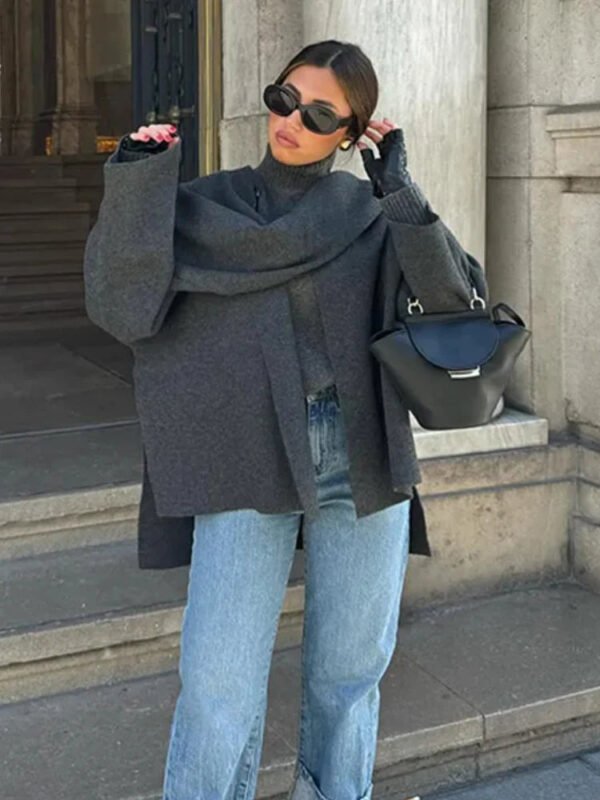 ZBZA Women's Asymmetric Scarf Knitted Jacket O-neck Single Button Side Slit Solid Loose Coat Winter New Female Chic Outerwear - Image 2