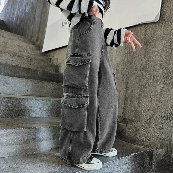 Teenage Girls Wide Leg Cargo Jeans 2024 Autumn Fashion Kids Casual Denim Pants School Young Children Straight Baggy Trousers 15Y - Image 3