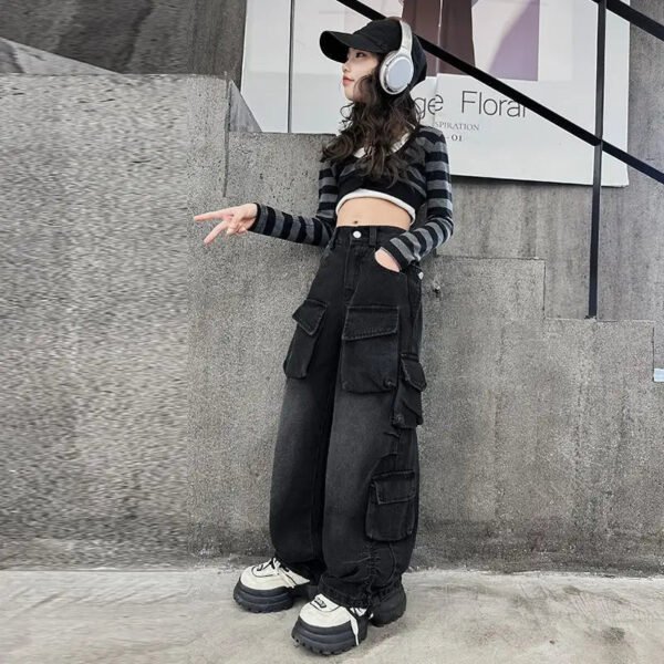 Cargo Jeans for Girls 2024 Spring Loose Casual Elastic Waist Teenage Children Wide Leg Pants Design Streetwear Kids Trousers - Image 2