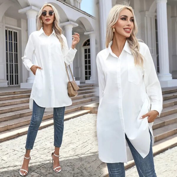 Long Shirt Women 2023 Vintage Pocket Shirts &Blouses Oversized Long Sleeve Blouse Fashion Women's Clothing Button Up Womens Tops - Image 3