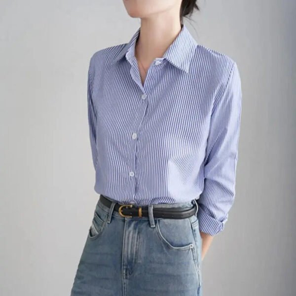 Blue Striped Shirt For Women Loose Spring Autumn Casual Long Sleeves Shirt Fashion Clothes For Ladies Office Lady Wear - Image 5