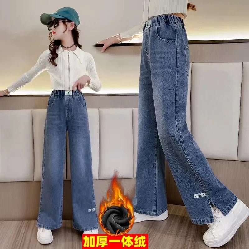 2024 Teenager Jeans for Girls Autumn Kids Casual Denim Wide Leg Pants Velvet Warm Winter Children's Fashion Straight Trousers - Image 3