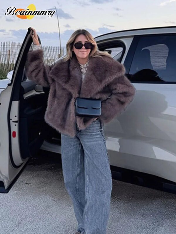 Brown Big Lapel Faux Fur Fury Women's Coats Fluffy Long Sleeved Thick Warm Fury Jackets 2024 Winter Lady Casual Street Outwear - Image 4