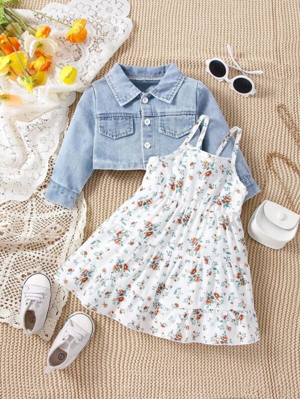 3pieces Four Seasons Leisure Travel Vacation Comfortable Denim Long Sleeve + Floral Dress Set With Halter Sweet Fashion - Image 7