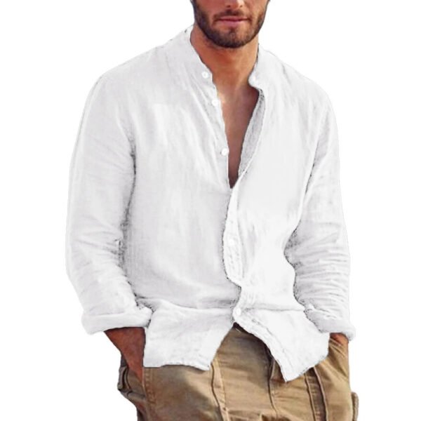 New Men's Solid Color Long Sleeve Shirt Linen Cotton Shirts Trend Plus-size Stand Collar Casual Lightweight Beach Tops - Image 9