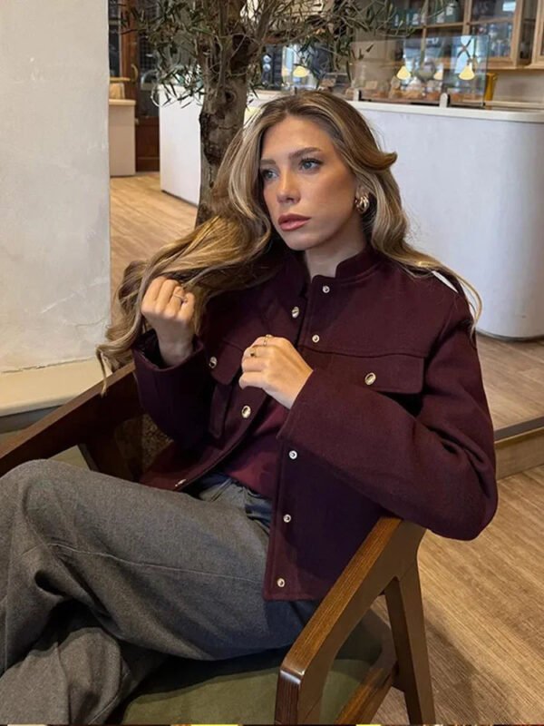 Elegant Women's Burgundy Cropped Jacket Female Stand Collar Single Breasted Full Sleeve Pocket Coat 2024 Autumn Lady Outwear New - Image 4