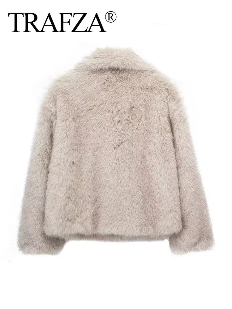 TRAFZA Women Fashion Faux Fur Jacket Vintage Turn-Down Collar Long Sleeve Coat Autumn Winter Woman Elegant Streetwear - Image 6