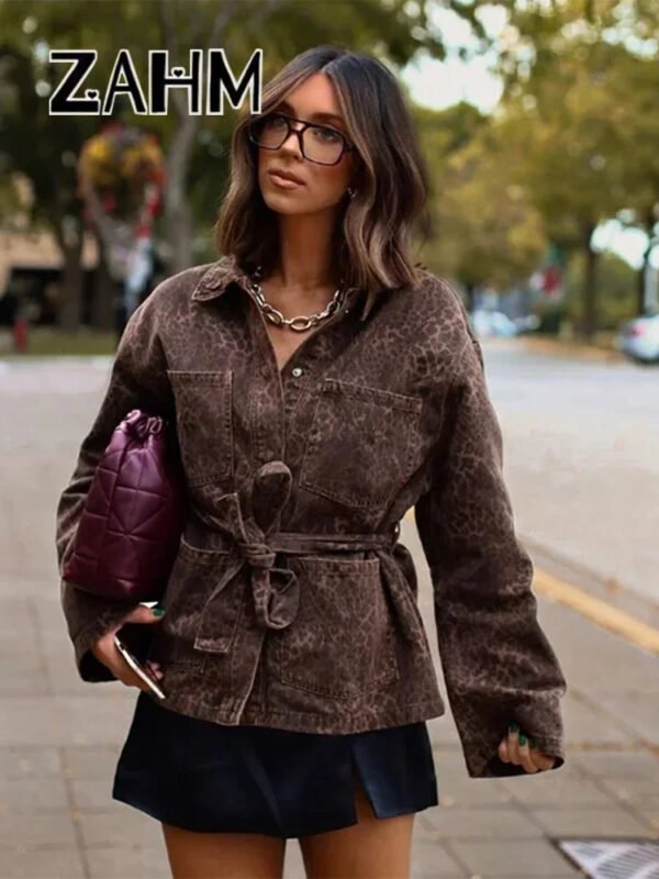 Leopard Print Jackets Women Casual Lapel Big Pockets Belt Coats Female 2025 Spring High Street Lady Outwears - Image 4