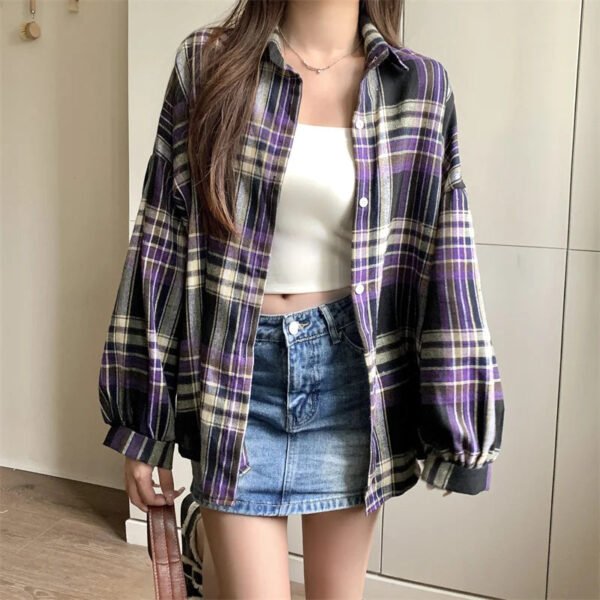 Plaid Shirt Women Autumn Long Sleeve Top Female Vintage Fashion Single Breasted Blouse Ladies Preppy Style Loose Check Shirts - Image 24