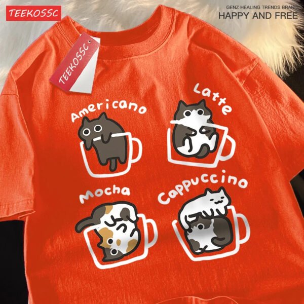 Cat Coffee Pure Cotton Trendy Summer Loose Short Sleeved T-shirt Men Women Original Mocha Latte Cat Three Flowers Fun Cat Tees - Image 5