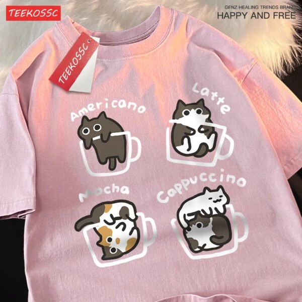 Cat Coffee Pure Cotton Trendy Summer Loose Short Sleeved T-shirt Men Women Original Mocha Latte Cat Three Flowers Fun Cat Tees - Image 6