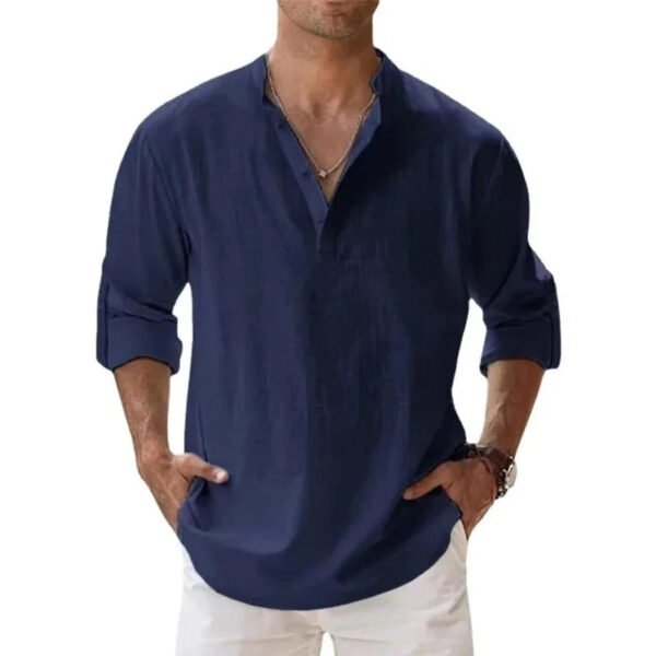 Streetwear Men Lightweight Shirts Long Sleeve Henley Cotton Linen Shirts for Men Beach Hawaiian Shirts Breathable Collar Tshirts - Image 7