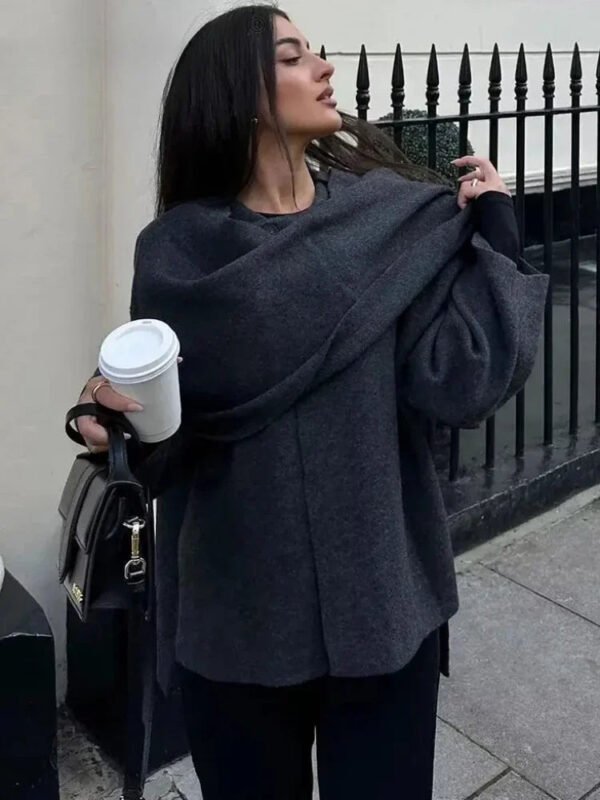ZBZA Women's Asymmetric Scarf Knitted Jacket O-neck Single Button Side Slit Solid Loose Coat Winter New Female Chic Outerwear - Image 3