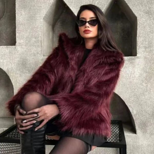 HXAO Women's Fur Coat Women 2024 Plush Burgundy Bomber Jacket Solid Crop Long Sleeve Jacket Warm Winter Coats Woman Casual Coats - Image 3